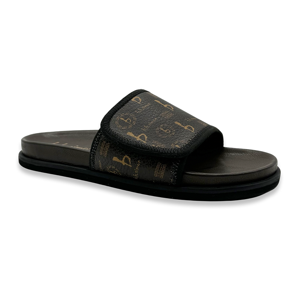 BB Pattern Velcro Leather Slides - Brown