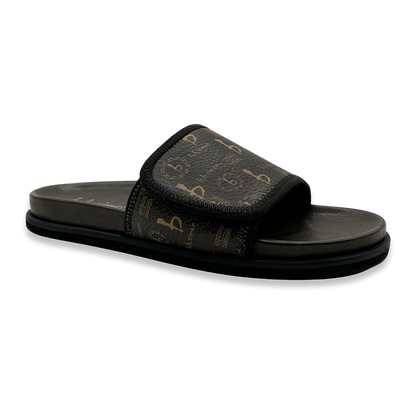 BB Pattern Velcro Leather Slides - Brown