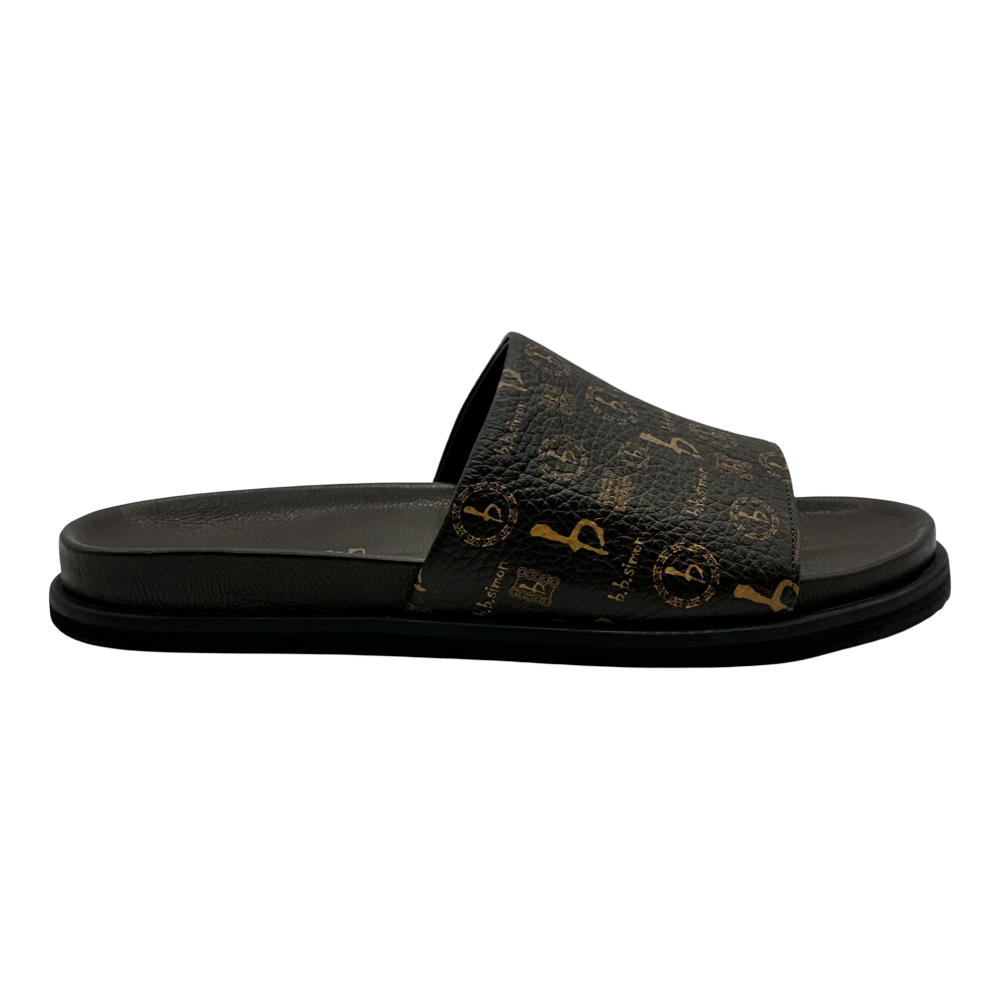 BB Pattern Velcro Leather Slides - Brown