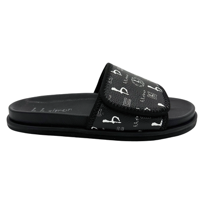 BB Pattern Velcro Leather Slides - Black