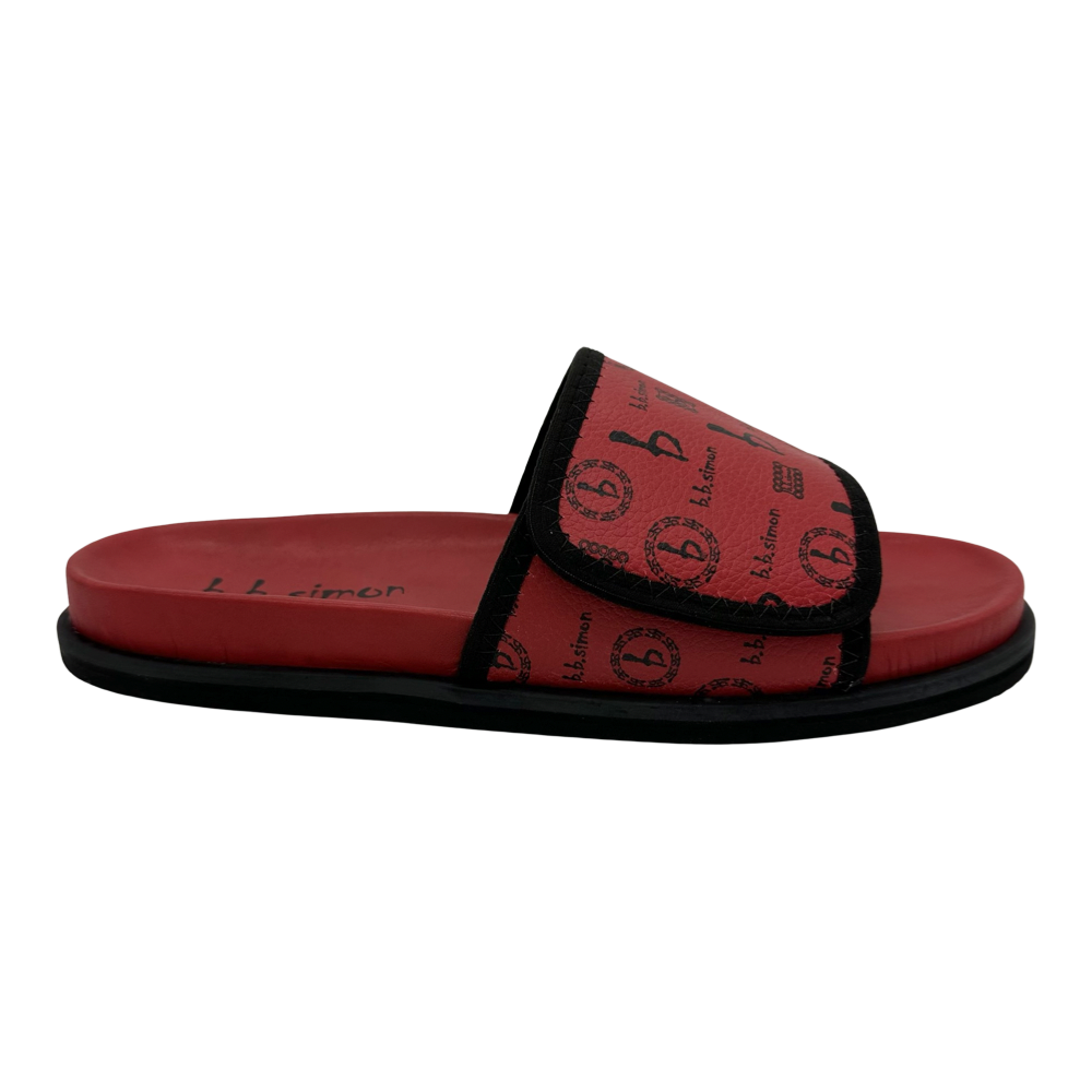 BB Pattern Velcro Leather Slides - Red/Red