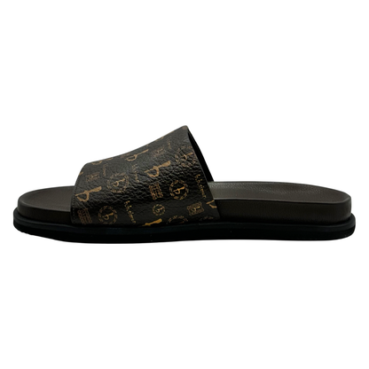 BB Pattern Velcro Leather Slides - Brown