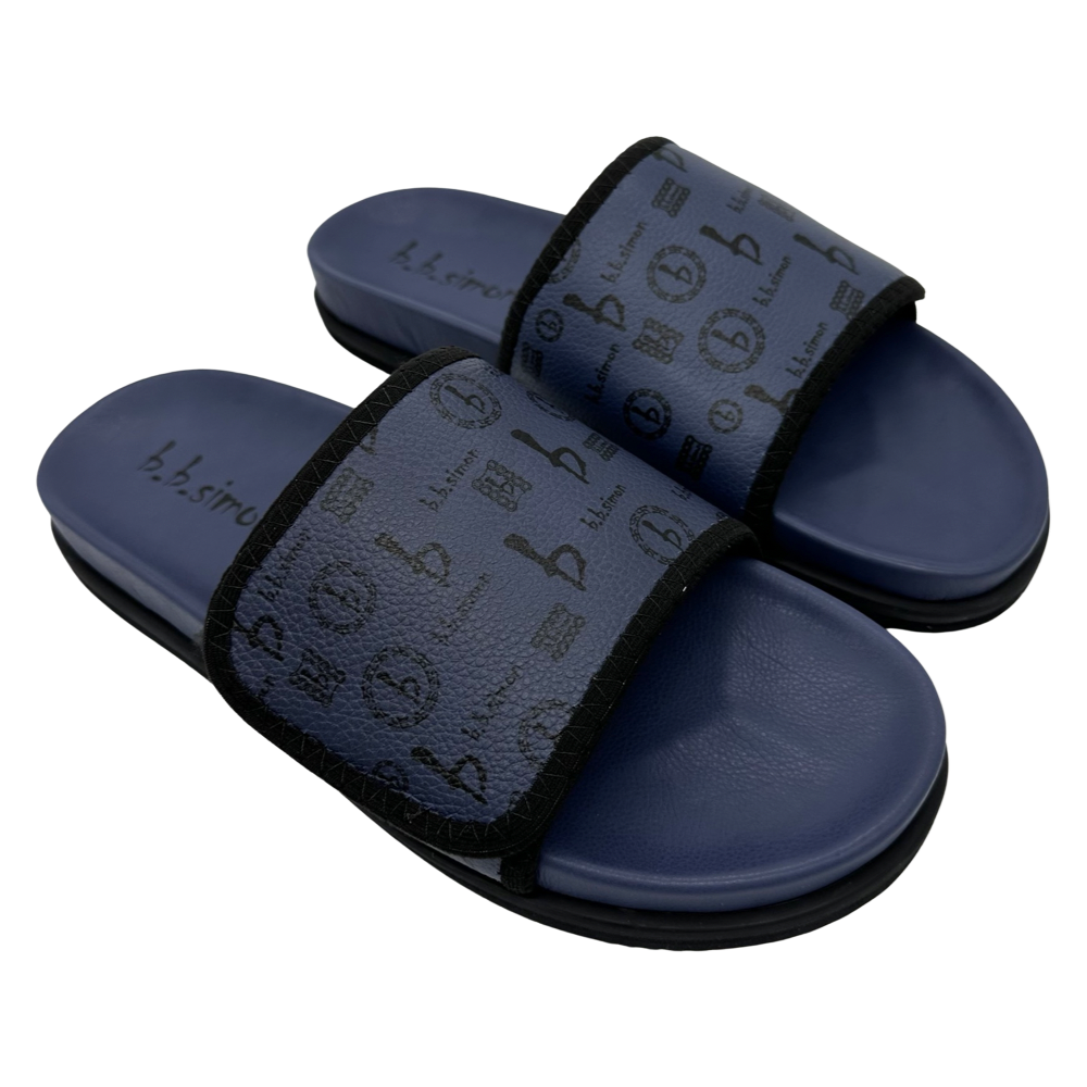 BB Pattern Velcro Leather Slides - Navy