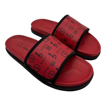 BB Pattern Velcro Leather Slides - Red/Red